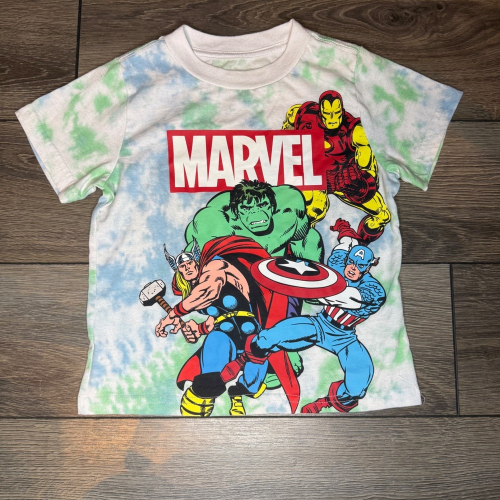 Marvel Avengers Tie Dye Graphic Tee Kids 3T Captain America Iron Man Blue Green